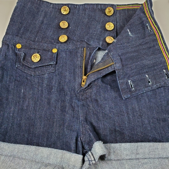 YNQ Waist High Sailor Jean Dark Denim Shorts - Picture 5 of 8